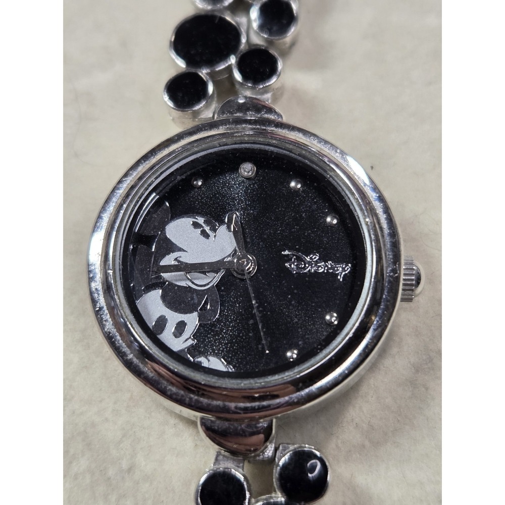 Disney Mickey Mouse Bracelet Watch Black Silver Tone Mickey Ears MCK319 Working